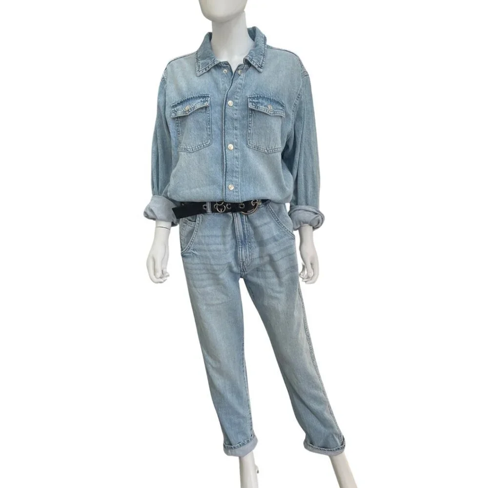 Zara Lightwash Denim Long Sleeve Button Front Jumpsuit NWT Size L